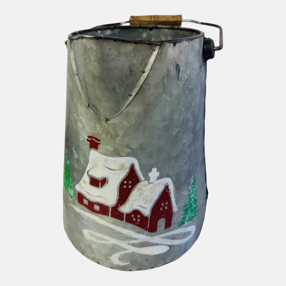 Metal Bucket Milk Pail Vintage Style Wood Handle With Hand Painted Winter Scene